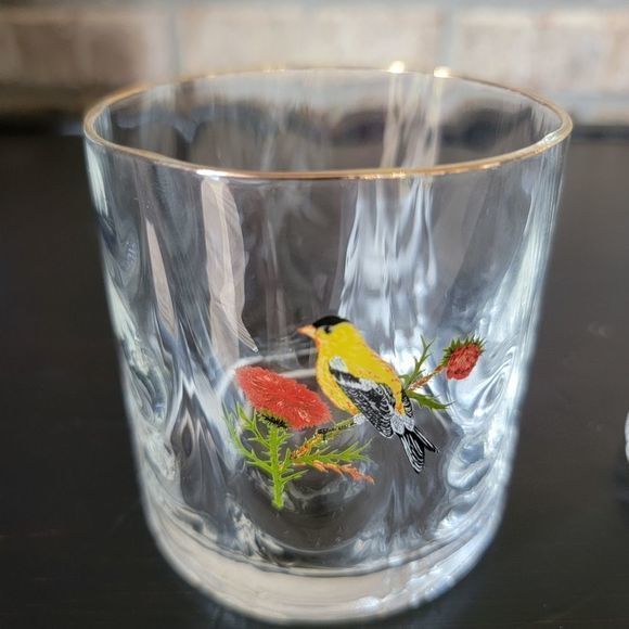 Bird Cardinal and Gold Finch lowball cocktail glasses‎ gold rim wavy glass - Picture 2 of 6